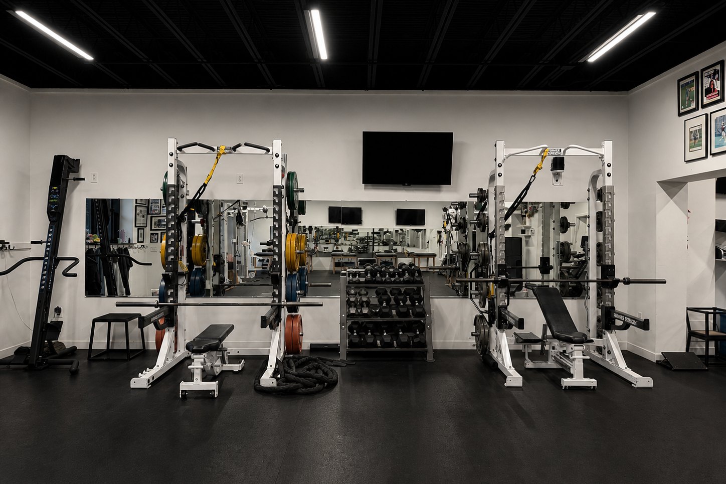 The strength floor at Total Form Fitness &mdash; two racks, loaded plates and the dumbbell rack, empty before the day starts